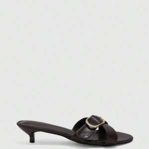 Chocolate oval-buckle kitten mules