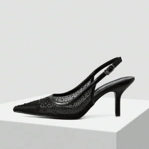 Black mesh crystal slingback pump
