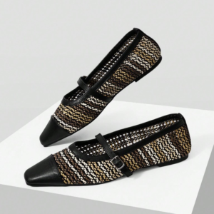 Black woven cap-toe Mary Jane flats