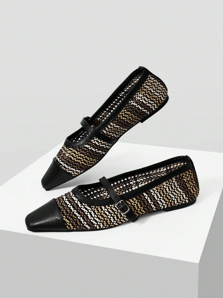 Black woven cap-toe Mary Jane flats