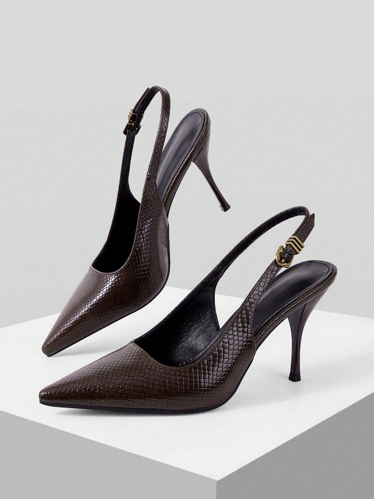 Chocolate mesh slingback pumps