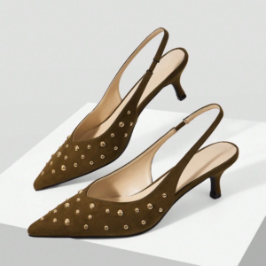 Chocolate studded slingback pumps