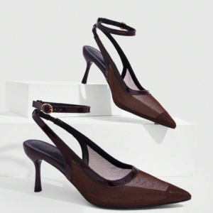 Chocolate mesh pointed slingback pumps