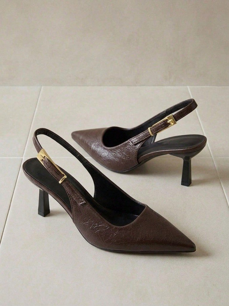 Chocolate buckle slingback pumps