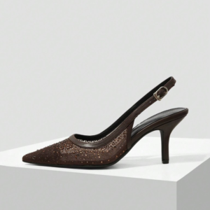 Chocolate mesh pointed slingback pump