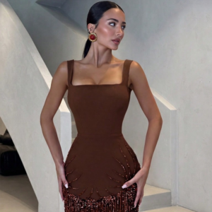 Chocolate beaded fringe mini dress