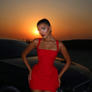 Red square-neck mini dress