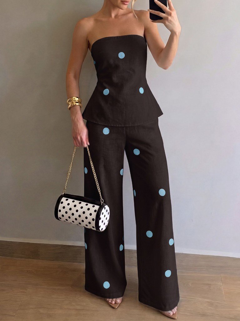 Chocolate polka-dot top and trousers