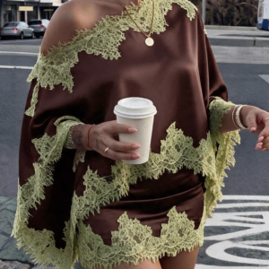 Chocolate lace-trim blouse